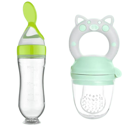 Kit Colher e Chupeta Magia de Mãe Amor Maternal – Colher Dosadora e Chupeta Mágica de Frutas, Verde, Azul e Rosa